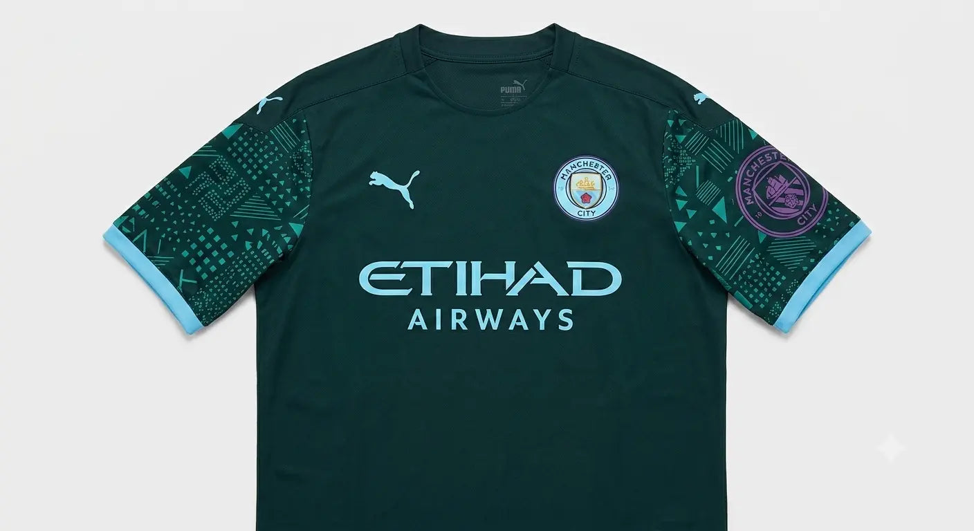 A dark green Puma Manchester City football jersey with light blue and teal patterned sleeves, featuring the Puma logo, Manchester City crest, and Etihad Airways sponsor text.