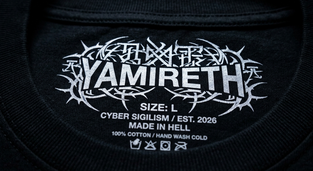 Close-up of a black t-shirt collar showing a white printed graphic and text inside the neck. The graphic features the word 'YAMIRETH' in a stylized gothic font surrounded by thorny details, with additional text reading 'SIZE: L', 'CYBER SIGILISM / EST.