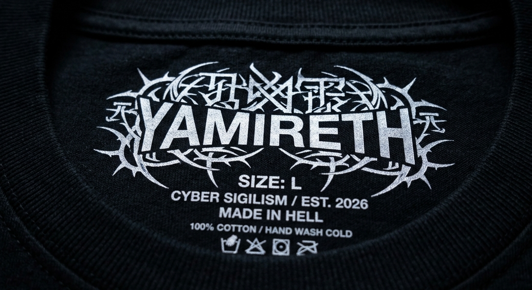 Close-up of a black t-shirt collar showing a white printed graphic and text inside the neck. The graphic features the word 'YAMIRETH' in a stylized gothic font surrounded by thorny details, with additional text reading 'SIZE: L', 'CYBER SIGILISM / EST.