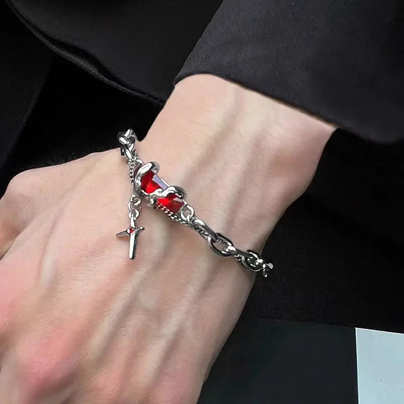 Dark Punk Hip-Hop Style Men's Bracelet Obsidian Wrapped Cross Unique Trendy Starlight Feel Fashion Charm Jewelry for Couples