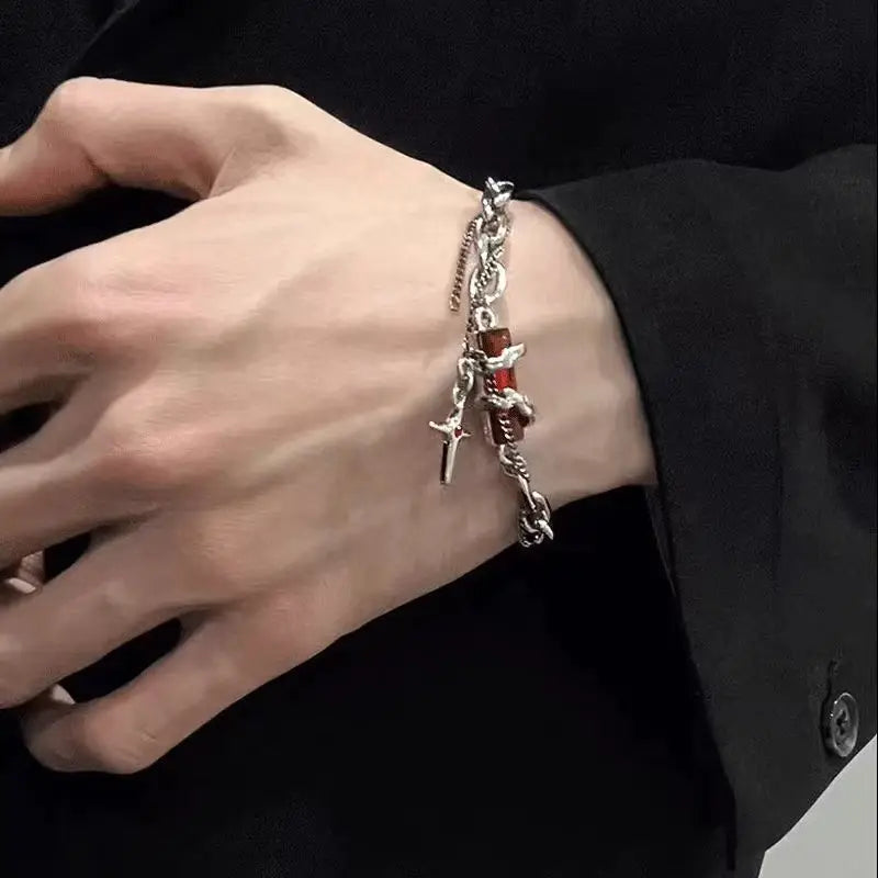 Dark Punk Hip-Hop Style Men's Bracelet Obsidian Wrapped Cross Unique Trendy Starlight Feel Fashion Charm Jewelry for Couples