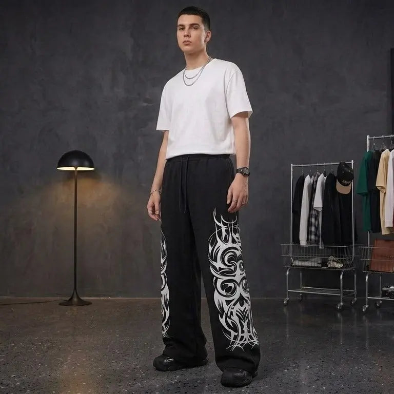 Cyber Sigilism Graphic Wide-Leg Sweatpants – Gothic Grunge Y2K Streetwear Yamireth