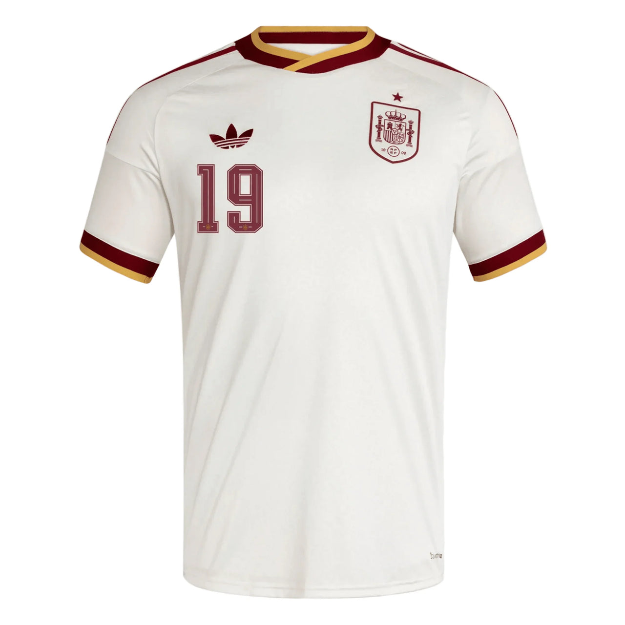 White sports jersey with red and yellow accents, featuring the number 19 and Adidas logo on a white background.