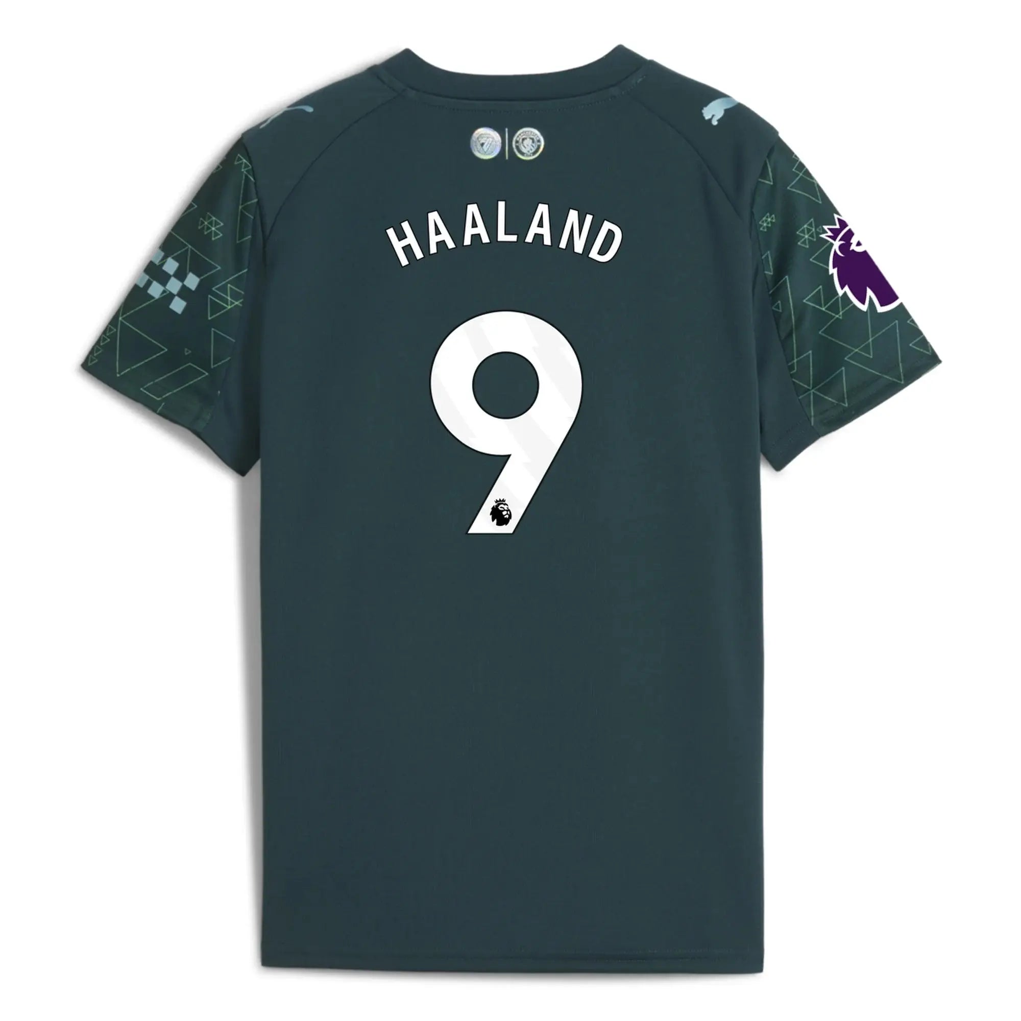 A dark teal Manchester City home jersey shown from the back, featuring 'HAALAND' and the number '9' in white, with patterned sleeves.